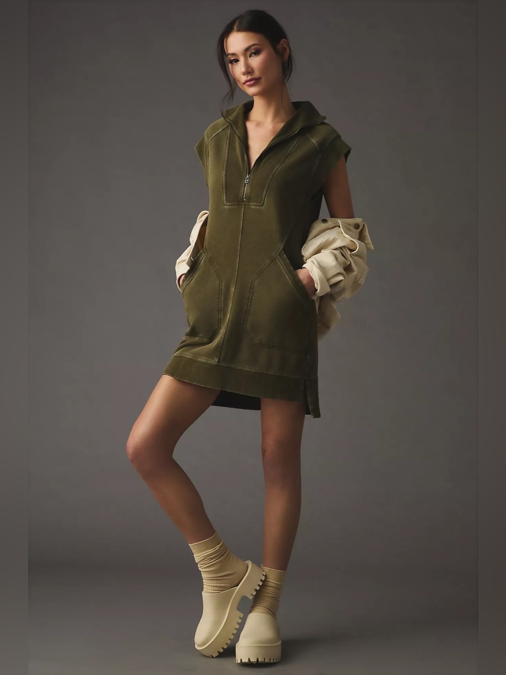 Daily Practice Anthropologie Meru Zip-Front Mini Dress Women’s Small Olive Green